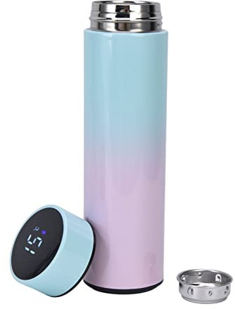 Botella de agua de 500 ml, botella de agua inteligente de 500 ml, pantalla LED, doble pared, acero inoxidable, aislada al vacío, botella de agua azul claro degradado