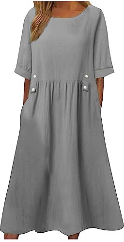 UK Clearance Women's Summer Cotton Linen Dresses - Short Sleeve Midi Dress with Pocket, Baggy Casual Pleated Oversized Solid Holiday Party Beach Elegant Shift Sundress