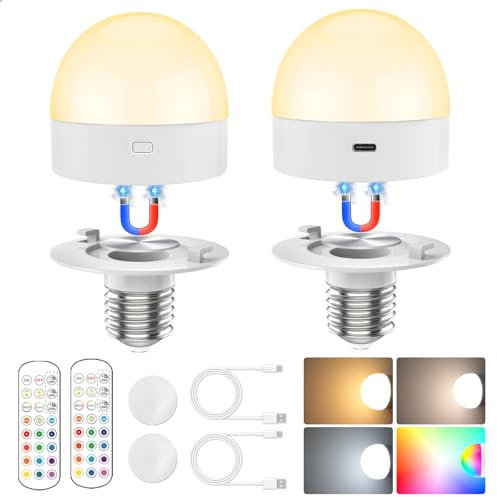 Lot de 2 ampoules rechargeables E26 avec télécommande et minuteur, ampoule à piles pour appliques et lampes, ampoules magnétiques pour luminaires non câblés, 3 températures de couleur + 12 couleurs