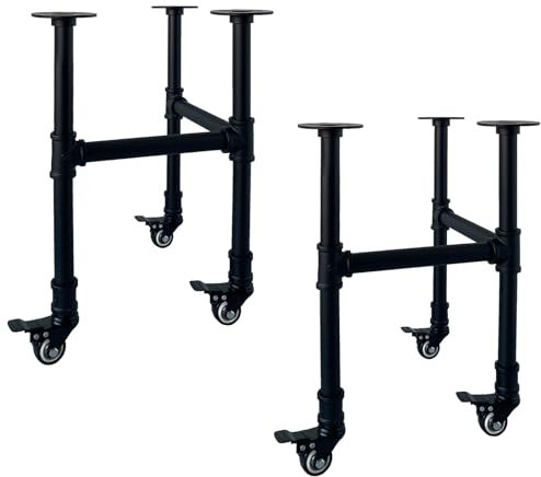 IFYISUN Industrial Pipe Furniture Leg Set with Casters,Black Rustic Metal Table Legs for Coffee & End Tables, Desks,Vintage Furniture Legs,DIY Desk Legs (H17 X W17.5)