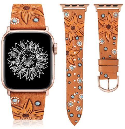 TOYOUTHS Lederarmband kompatibel mit Apple Watch Armband 44/45/46/49/42mm Damen, Boho Retro Prägung Sonnenblume Floral Leder Armbänder für iWatch Serie 10/9/8/7/6/5/4/3/SE/Ultra 2, Braun/Orange Floral