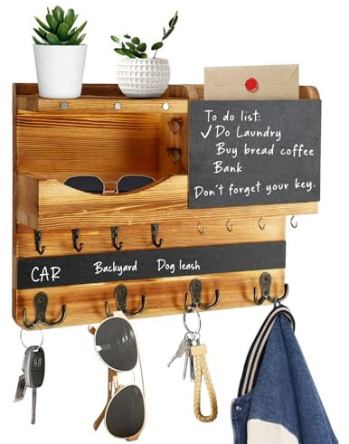 JKOKPMG Schlüsselbrett Holz mit Ablage, schlüsselkasten Holz,Schlüsselhalter mit Edelstahlhaken,Schlüsselablage Wand, Schlüsselboard aus Buche,Schlüsselhaken Key Holder Modern