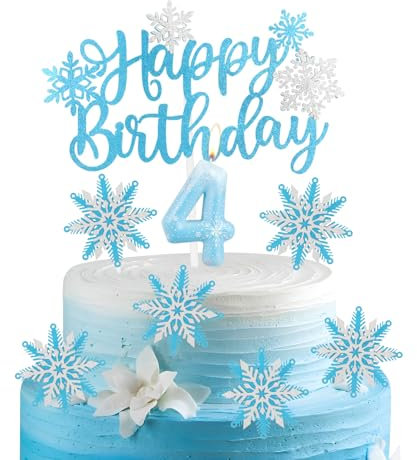 Frozen 4 Birthday Candles Cake Toppers Set,Snowflake Number 4 Candles for Cake,Frozen Cake Decorations, Blue Candles Snowflake Cake Toppers for Girls Boys 4th Birthday Party Decorations