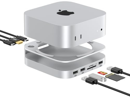 Akyyajaure Mac Mini-Hub: 10-in-1 Aluminium-Ständer und Dock für Mac Mini M4 Pro mit M.2 NVMe SSD-Gehäuse, 4K60hz HDMI, 10 Gbit/s USB-A x 2, SD/TF-Kartenleser, USB 2.0