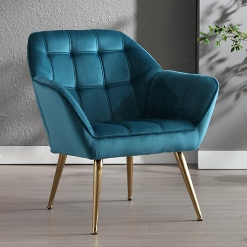 Ya-Home Akzentstuhl Sessel, Gepolsterter Armlehnstuhl Lesestuhl mit Metallbeinen aus Samt, Lesestuhl Einzelsofa Fernsehsessel für Wohnzimmer Schlafzimmer Lounges, Blau