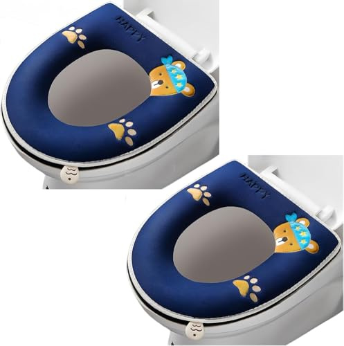 2 almohadillas más gruesas para asiento de inodoro de baño con asa, cojín de asiento calentador de invierno para baño, universal para todos los asientos de inodoro ovalados (azul marino)
