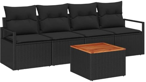vidaXL Garten-Sofa-Set mit Kissen 5 pcs Schwarz Poly Rattan, Garten und Terrasse, Modulares Outdoor-Sofaset, verstellbare Füße, wetterfestes Sitzmobiliar