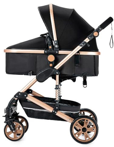 3 in 1 umkehrbarer Kinderwagen,Federung der vorderen Räder,kompakte Einhandfaltung für einfaches Lagern(Schwarz&Gold)
