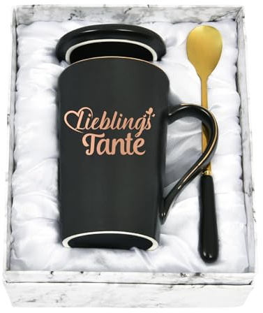 Diztoud Tante Geschenk Weihnachten, Lieblingstante Kaffeetasse, Geschenke für Tante, Tanten, Auntie zu Geburtstag, Muttertag, 400ML Keramik Marmorbecher mit Deckel, Löffel und Geschenkbox, Schwarz