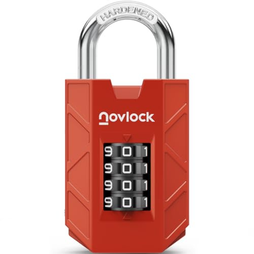 NovLock Combination Padlock, Sturdy 4-Digit Lock for Lockers, Sheds & Gates | Sturdy & Secure, Easy-Read Dials, Weatherproof, Hardened Steel Shackle, for Lockers, Cabinets, Sheds & Gates, 1-Pack, Red