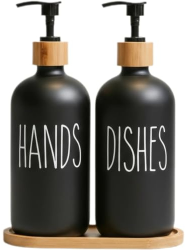 Perclyzm kitchen Soap Dispenser Set, washing up liquid dispenser,Glass Bottle Jar with Bamboo Tray,suitable for Bathroom, Kitchen, Laundry Room (Black 2 packs)