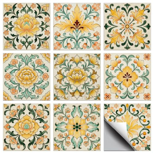CONCHLERY 36 adesivi per piastrelle, 9 stili, fiori gialli, staccare e incollare fiori verdi, impermeabili, autoadesivi, per la decorazione da parete in cucina e bagno, 10 x 10 cm