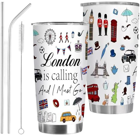 Komergave London Geschenk Trinkflasche Becher mit 2 Strohhalm und Strohhalmbürste, Robuste Trinkflasche Edelstahl Kaffeetasse, Praktisches Travel Mug London Souvenir für Frauen