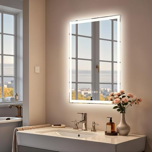 Olyvren Beleuchteter Spiegel 60 x 80 cm, beleuchteter Badspiegel | LED-Spiegel mit Uhr, 3 einstellbare Lichtfarben, Anti-Beschlag-Funktion, dimmbare Helligkeit, Speicherfunktion, Wandmontage
