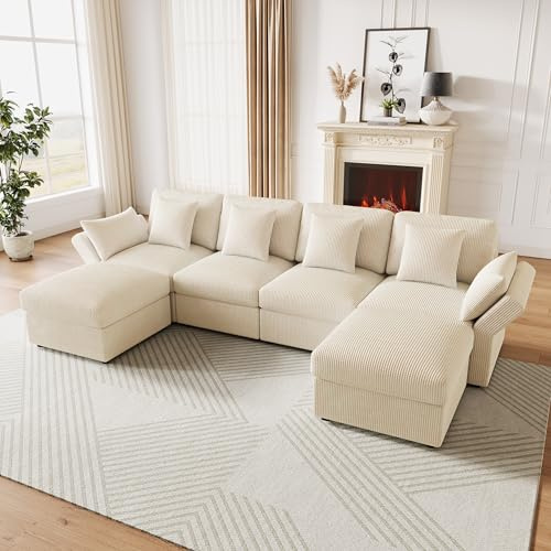 OPODEE Ecksofa U-Form Cord Beige, Modulare Wohnlandschaft 6-Sitzer mit Hocker, Verstellbare Armlehnen & Kissen, Couch Garnitur Modern für Wohnzimmer, 290x159cm