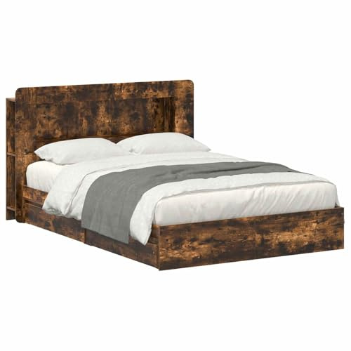 vidaXL Bettgestell mit Stauraum Geräucherte Eiche 135 x 190 cm, Modernes Schlafzimmer, rechteckige Form, Holzbettgestell, platzsparender Stauraum, funktionale Basics