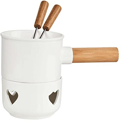 BUTLERS Schokofondue Set Porzellan 250ml 2 Personen - Teelichthalter mit Herzmuster, Edelstahlgabeln mit Bambusgriff - Schmelztopf ideal für Obst, Kekse, Weihnachtsplätzchen
