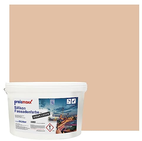 Preismaxx Silikonharz Fassadenfarbe, Dunkelbeige Beige 5L hochwertige, matte, wasserabweisende Aussen-Dispersion, sehr guter Regenschutz - Abperleffekt