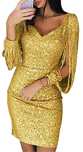 generisch JIER Damen V-Ausschnitt Glänzend Partykleid Fransen Langarm Sexy Cocktailkleid für Hochzeit Paillettenkleid Abendkleider Elegante Festliches Kleid Glitzer Abendkleid (Gelb,XXX-Large)
