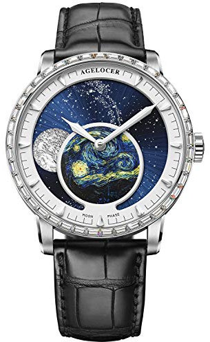 agelocer Mechanische Herren-Armbanduhr, echte Diamanten, blau, automatische Mondphase, Nk_6404e1, Armband