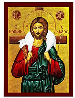 TheHolyArt Jesus Christus Ikone Der Gute Schäferhund, Byzantinisch, Wandkreuz, Wandmontage, 1.2L x 7B cm, Rot, Gold, Grün, Braun, Indoor, Religiöses Dekor