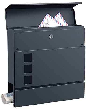 [en.casa] Briefkasten Kahla 37 x 37 x 11 cm Postkasten mit Zeitungsröhre Wandbriefkasten mit 3 Fenster Abschließbar mit 2 Schlüssel Stahl Anthrazit