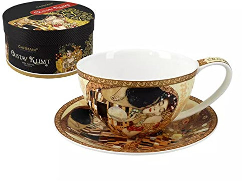 Carmani - Ensemble tasse à thé, café, cappucino et soucoupe en porcelaine avec Gustav Klimt, The Kiss 360 ml