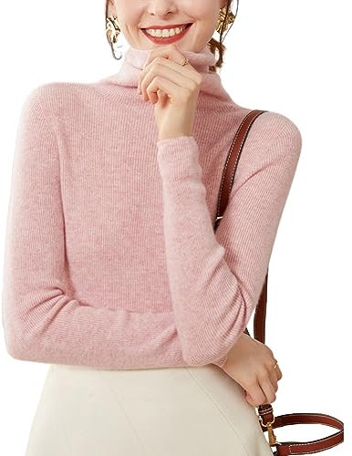 DISSA Pull Cachemire Femme Col Roulé Rose Solide Couleur Tricoté Mince Manches Longues Fin Pull en Cachemire et Laine,42,SPR2263