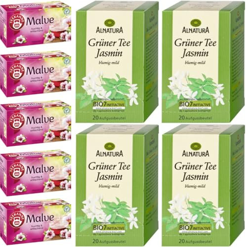 Grüner Tee Jasmin 20ST 30G x 4 STÜCK + Teekanne Malve Hibiskus Tee 20 x 2 gramm x 5 er Pack
