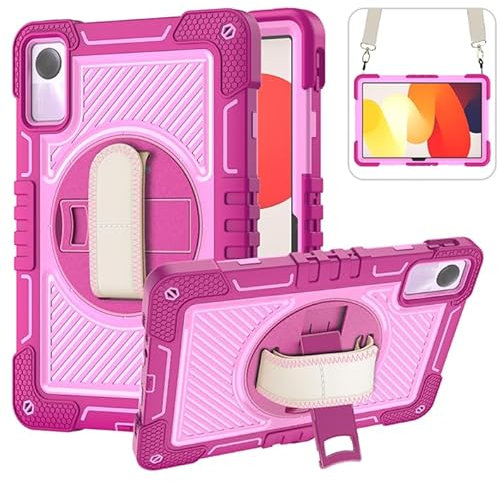 YOUULAR Custodia per tablet Xiaomi Redmi Pad SE 11 pollici, custodia antiurto per tablet con supporto girevole a 360° e cinturino da polso, tracolla rosa rossa+rosa