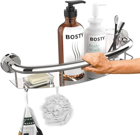 Zepolu Chrome Shampoo Shelf bar 18 Inch, 2-in-1 Decorative Grab w/Tray, Bath and Shower Safety Handle, Wall Mounted Handrail Balanced Support Assist