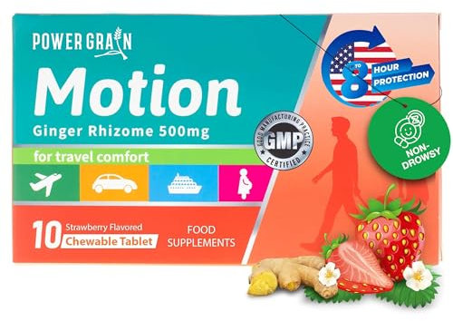 Travel & Motion Sickness Tablets - 500mg Chewable Ginger Rhizome Tablets - Non-Drowsy Nausea & Vomiting Relief - 10 Tablets (Strawberry)