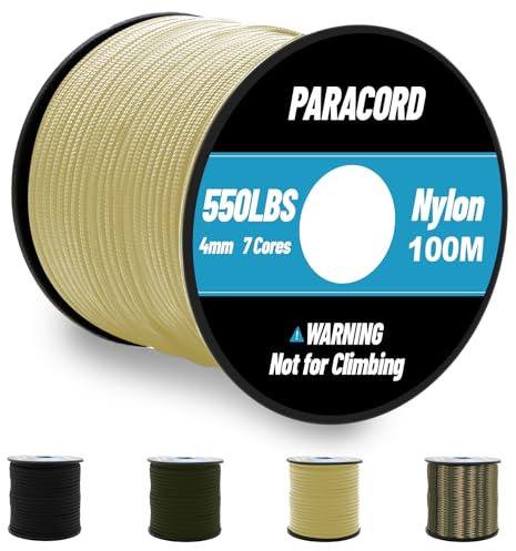 Omtofo 100m Paracord 4mm 550 lbs Cuerda Paracord de Nylon Tipo II de Paracaídas 7 Hebra Cuerda para Exteriores de Supervivencia para Todo Uso（Caqui）