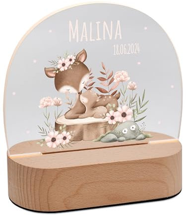 Bärenfreunde® - Personalisiertes Nachtlicht für Babys - Individuelle Nachttischlampe für Kinder - Personalisierte Geschenke Kinder - Babygeschenk - Geschenk zur Geburt (Rehe Blumen)