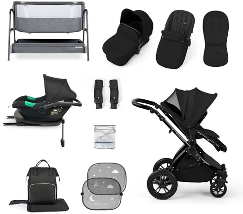 Ickle Bubba Stomp Luxe i-Size Cirrus Travel & Home 14-Piece Bundle with ISOFIX Base & Bubba&Me Bedside Crib – All-Terrain Pushchair with Accessories, Birth to 4 Years* (Black/Midnight/Black)