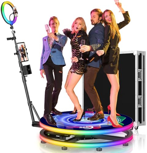 360 Photo Booth,KI-Sprachsteuerung, RGB-Ringlicht und Lichtstreifen, APP-Fernbedienung, Verstellbarer Selfie Stick Unterstützt iPad, Smartphones, DSLR-Kameras Flightcase (100CM)