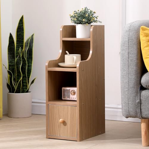 20 cm Kleiner Nachttisch mit Schublade, Schmaler Beistelltisch mit Ablage, Schlankes Nachtschrank Nachtkommode mit Stauraum für kleine Räume Schlafzimmer Wohnzimmer (Nussbaum mit Ablage)