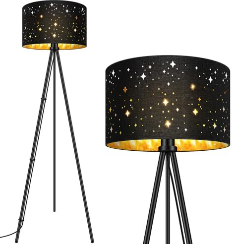 AUQUEE LED Stehlampe Wohnzimmer 15W Dimmbar, Moderne Dreibein Standleuchte mit Fußschalter, Schwarze Stativ Stehlampe mit Stern Lampenschirm, Vintage Stehleuchte Leselampe für Schlafzimmer,Leseecke