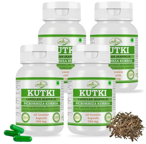 Estratto di Kutki (Picrorhiza Kurroa) con amido 10:1, 500 mg x 60 capsule vegane | Integratore di erbe ayurvedico per uomini e donne (4 bottiglie da 60 capsule)