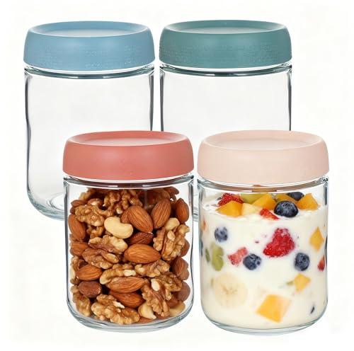 Pmueuff Lot de 4 Pot Overnight Oat Verre de 480 ml, Pot en Verre avec Couvercle, Pot Confiture pour Préparation de Repas : Overnight Oats, Yaourt et Confiture