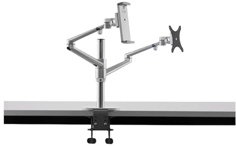 Monitor stand, Aluminum 3 In 1 Height Adjustable Desktop Dual Arm 17-32 Inch Monitor Holder+10-17 Laptop Stand +14 Tablet Mount ,parts(Silver)