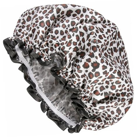 Leopard Shower Cap Adjustable Bath Soft Hats Reusable Large Waterproof Ladies Shower Hats Washable Mould Resistant Perfect for Braids, Dreadlocks, Locs, Afro, Coily, And Long Hair