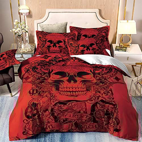 Halloween Red Skull Duvet Cover Gothic 3D Tattoo Printed Bedding Set 3Pcs Microfiber Quilt Cover with Zipper Closure Ties 2 Pillow Shame for Adults and Teens Double Size