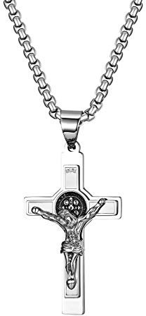 JewelryWe Schmuck Retro Herren Halskette Edelstahl Saint St. Benedikt Jesus Christus Kreuz INRI Anhänger 22 Zoll Kette mit kostenlos Gravur, Silber