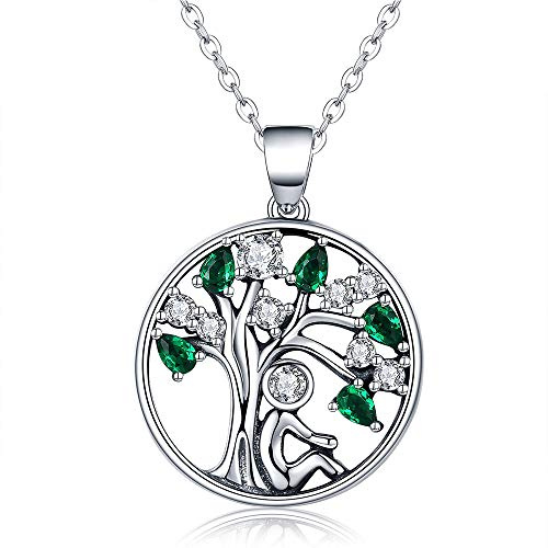 Jewellbox Spakling Green Tree of Life Pendant Necklace in 925 Sterling Silver with Adjustable Cable chain 16-18 inch - Gift for Women Ladies Girls