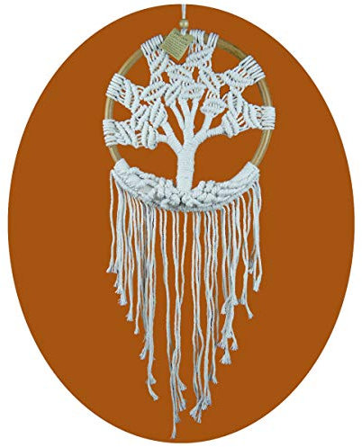 Simandra traditioneller handgefertigter Traumfänger mit Lebensbaum im Makramee Stil – hängender Boho Dreamcatcher mit Lebensbaum aus natürlichen Materialien handgefertigt – 16 x 45 cm