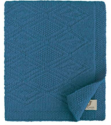 Linen & Cotton Babydecke Gestrickt Lilou Jungen Mädchen -100% Reine Neuseeland Wolle Blau (85 x 100cm) Kuscheldecke Strick/Erstlingsdecke/Einschlagdecke Sommer Winter Kinderwagen Babyschale Babybett