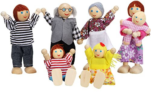 Lifreer Family Set Dolls House People, 7 Wooden Family Doll Toys, Dolls House Accessories, Miniature