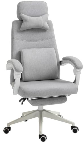 Vinsetto Sedia da Ufficio Ergonomica, Sedia da Scrivania con Rotelle, Cuscino Lombare, Poggiatesta e Poggiapiedi Estraibile, Grigia 62x68x117-127cm