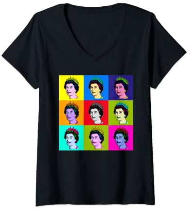 Damen Elizabeth 9 quadratische Fliesen Pop Art Queen of England T-Shirt mit V-Ausschnitt